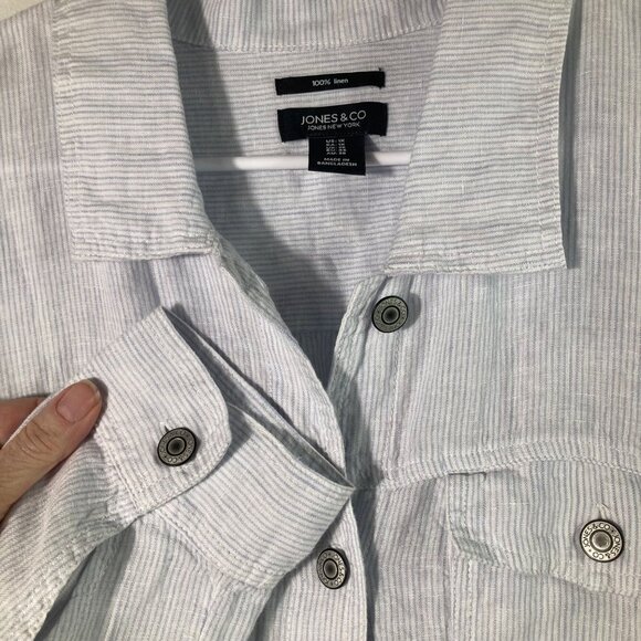 Womens Jones & Co Striped Linen Jacket White Blue 1X Linen Pockets - Picture 3 of 10